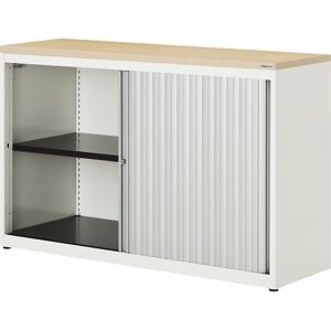 Querrollladenschrank, HxBxT 830 x 1200 x 432 mm, Kunststoffplatte, 1 Fachboden, reinweiß / alufarben / Ahorn mauser