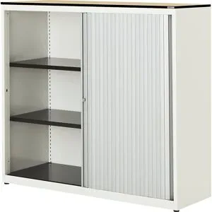 Querrollladenschrank, HxBxT 1168 x 1200 x 432 mm, Vollkernplatte, 2 Fachböden, reinweiß / alufarben / Ahorn mauser