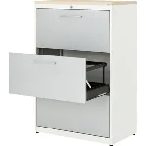 Hängeregistraturschrank, Kunststoffplatte, 3 Auszüge, 2-bahnig, mit Dämpfung, reinweiß / weißaluminium / Ahorn mauser