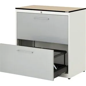 Hängeregistraturschrank, HPL-Vollkernplatte, 2 Auszüge, 2-bahnig, mit Dämpfung, reinweiß / weißaluminium / Ahorn mauser