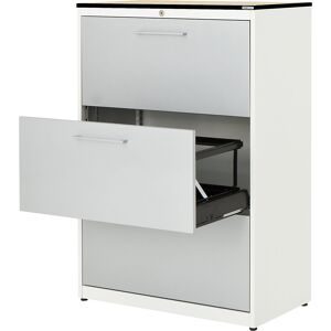 Hängeregistraturschrank, HPL-Vollkernplatte, 3 Auszüge, 2-bahnig, mit Dämpfung, reinweiß / weißaluminium / Ahorn mauser