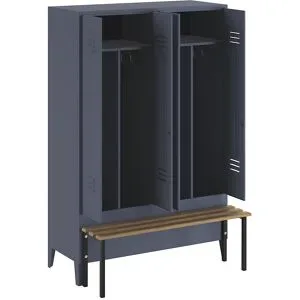 Schwarz-Weiß-Spind Berlin 2 mit Sitzbank, Trennwand mittig, 2 Abteile, blaugrau, B 1200 mm, vorgebaut, Buchenholz Wolf
