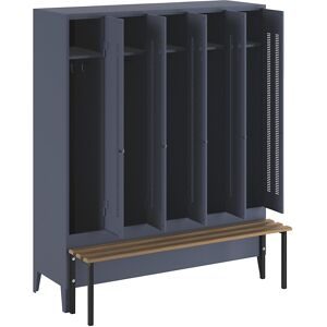 Spind Berlin 1 Sitzbank, 5 Abteile, blaugrau, B 1500 mm, vorgebaut, Buchenholz Wolf