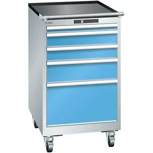 Schubladenschrank, Breite 564 mm, fahrbar, 5 Schubladen, HxT 990 x 725 mm, lichtgrau / lichtblau LISTA