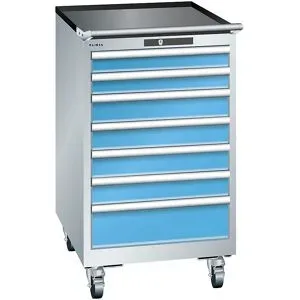 Schubladenschrank, Stahlblech, HxB 990 x 564 mm, 7 Schubladen, fahrbar, lichtgrau / lichtblau LISTA