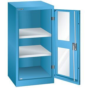 Flügeltürenschrank, 2 Fachböden, Breite 500 mm, mit Sichtfenster, lichtblau LISTA
