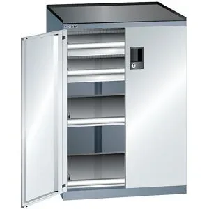Schubladenschrank mit Flügeltüren, Höhe 1020 mm, 2 Böden, 2 Schubladen, Traglast 75 kg, grau metallic / lichtgrau LISTA