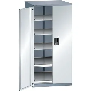 Schubladenschrank mit Flügeltüren, Höhe 1450 mm, 5 Böden, Traglast 200 kg, grau metallic / lichtgrau LISTA