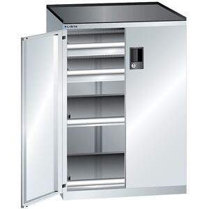 Schubladenschrank mit Flügeltüren, Höhe 1020 mm, 2 Böden, 2 Schubladen, Traglast 75 kg, lichtgrau LISTA