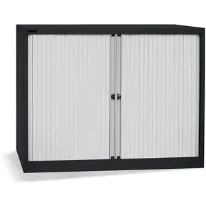 Euro-Rollladenschrank, Breite 1200 mm, 2 Fachböden, tiefschwarz / lichtgrau BISLEY