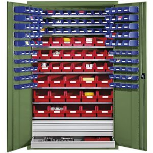 Großraumschrank aus Stahlblech, mit 9 Fachböden, 152 Sichtlagerkästen und 3 Schubladen, Korpus- und Türfarbe Resedagrün eurokraft pro