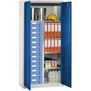 Material- und Schubladenschrank, 4 Fachböden, 13 Schubladen, lichtgrau RAL 7035 / enzianblau RAL 5010 eurokraft pro