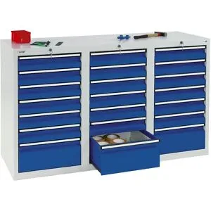 kaiserkraft Schubladenschrank, HxBxT 900 x 1500 x 500 mm, 18 Schubladen 100 mm, 3 Schubladen 200 mm hoch, Korpus grau, Schubladen enzianblau