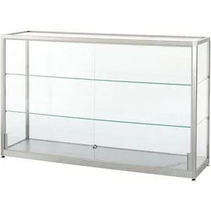 kaiserkraft Vitrine, halbhoch, Höhe 910 mm, 2 Schiebetüren, BxT 1500 x 400 mm, silber eloxiert