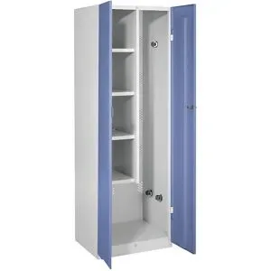 Putzmittelspind Frankfurt, 4 Fachböden, 5 Gerätehalter, B 600 mm, Türen taubenblau Wolf
