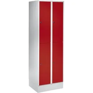 Doppelstock-Spind München, 2 Abteile, B 600 mm, lichtgrau / feuerrot, mit Bodensockel Wolf
