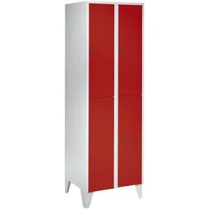 Doppelstock-Spind München, 2 Abteile, B 600 mm, lichtgrau / feuerrot, mit Füßen Wolf