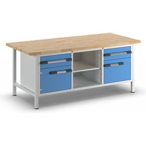 Werkbank, Gestellbauweise Serie 8000, 2 Schubladen 180 mm, 2 Türen 360 mm, 1 Ablageboden, 1 Fachboden, BxT 2000 x 900 mm eurokraft pro