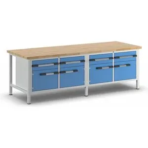 Werkbank, Gestellbauweise Serie 8000, 4 Schubladen 180 mm, 4 Türen 360 mm, BxT 2500 x 900 mm eurokraft pro
