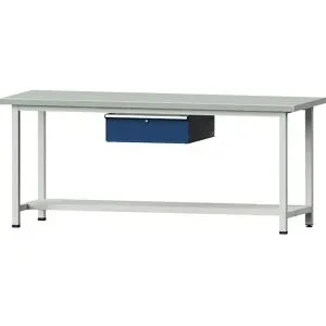 Werkbank, Gestellbauweise Serie V, 1 Schublade, 1 Ablageboden, Breite 2000 mm, Stahlblechbelagplatte ANKE