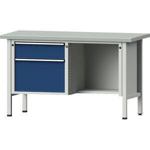 Werkbank, Gestellbauweise Serie V, 2 Schubladen, ½ Ablageboden, Höhe 890 mm, Stahlblechbelag ANKE