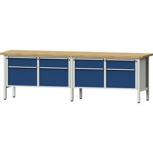 Werkbank Breite 2800 mm, Gestellbauweise, 8 Schubladen, Höhe 890 mm, Buchemassivplatte ANKE