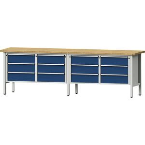 Werkbank Breite 2800 mm, Gestellbauweise, 12 Schubladen, 180 mm mit Vollauszug, Höhe 890 mm, Buchemassivplatte ANKE