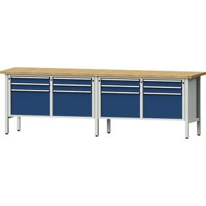 Werkbank Breite 2800 mm, Gestellbauweise, 12 Schubladen, 8 x 90 mm, 4 x 360 mm, Höhe 890 mm, Buchemassivplatte ANKE