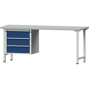 Werkbank, Gestellbauweise Serie V, 3 Schubladen, Breite 2000 mm, Stahlblechbelag ANKE