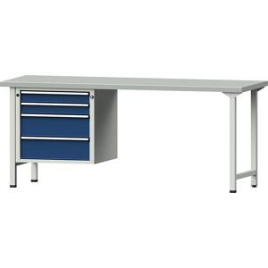 Werkbank, Gestellbauweise Serie V, 2 Schubladen 90 mm, 2 Schubladen 180 mm, Stahlblechbelagplatte, Breite 2000 mm ANKE