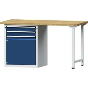 Werkbank, Gestellbauweise Serie V, 2 Schubladen, 1 Tür, Buchemassivplatte ANKE