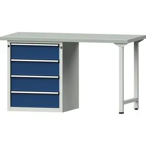 Werkbank, Gestellbauweise Serie V, 4 Schubladen, Stahlblechbelagplatte ANKE