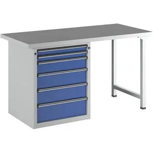 Werkbank, Gestellbauweise Serie V, 6 Schubladen, Universalplatte ANKE
