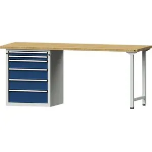 Werkbank, Gestellbauweise Serie V, 6 Schubladen, Buchemassivplatte, Breite 2000 mm ANKE