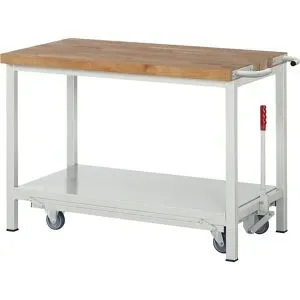 Fahr- und absenkbare Werkbank, Gestellbauweise Serie 8000, 1 Ablageboden, BxT 1250 x 700 mm eurokraft pro