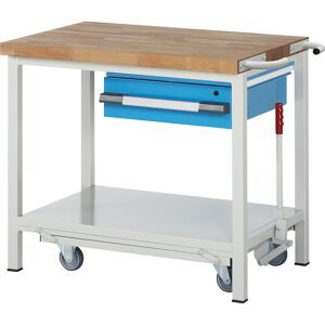 Fahr- und absenkbare Werkbank, Gestellbauweise Serie 8000, 1 Hängeschublade, Ablageboden, BxT 1000 x 700 mm eurokraft pro