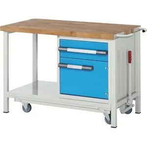 Fahr- und absenkbare Werkbank, Gestellbauweise Serie 8000, 1 Schublade, 1 Tür, Ablageboden, BxT 1250 x 700 mm eurokraft pro