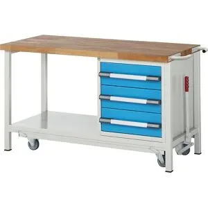 Fahr- und absenkbare Werkbank, Gestellbauweise Serie 8000, 3 Schubladen, Ablageboden, BxT 1500 x 700 mm eurokraft pro