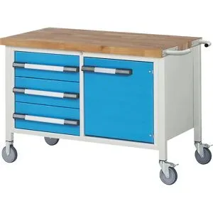 Fahrbare Werkbank Serie 8000, Gestellbauweise, 3 Schubladen, 1 Tür, BxT 1250 x 700 mm eurokraft pro