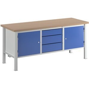 kaiserkraft Werkbank, Breite 2000 mm, 3 Schubladen: 1 x 125 / 2 x 175 mm, 2 Türen 475 mm, lichtgrau / enzianblau