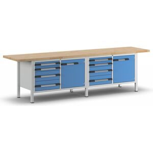 Werkbank, Gestellbauweise Serie 8000, 8 Schubladen: 4 x 90, 4 x 180 mm, 2 Türen 540 mm, BxT 3000 x 700 mm eurokraft pro