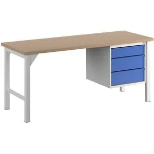kaiserkraft Werkbank, Breite 2000 mm, 3 Schubladen 1 x 125 / 2 x 175 mm, lichtgrau/enzianblau