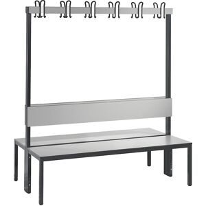 Garderobenbank Basic Plus, 2-seitig, Rückenlehne, ohne Schuhrost, Fussgestell schwarzgrau RAL 7021, B 1500 mm, Dekor silbergrau