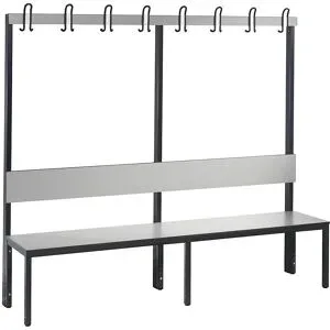 C+P Umkleidesitzbank Basic Plus, Länge 1.960 mm, einseitig, mit Rückenlehne, 8 Doppelhaken, schwarzgrau/silbergrau