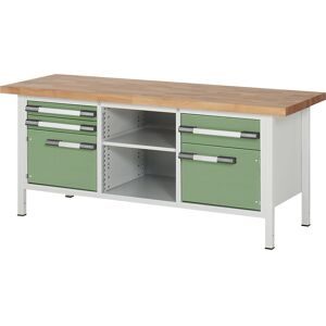 Höhenverstellbare Werkbank, Gestellbauweise, 3 Schubladen, 2 Türen, 2 Ablageböden, Breite 2000 mm, lichtgrau / grün eurokraft pro