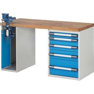 Werkbank, Baukastensystem Serie 7000, 5 Schubladen, 1 Schraubstock (Klapp-Lift) linksseitig, BxT 1500 x 700 mm eurokraft pro