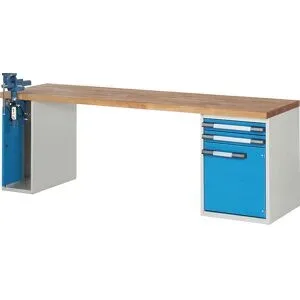 Werkbank, Baukastensystem Serie 7000, 2 Schubladen, 1 Tür, 1 Schraubstock (Klapp-Lift) linksseitig, BxT 2500 x 700 mm eurokraft pro