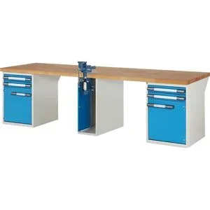 Werkbank, Baukastensystem Serie 7000, 4 Schubladen, 2 Türen, 1 Schraubstock (Klapp-Lift) mittig, BxT 3000 x 900 mm eurokraft pro