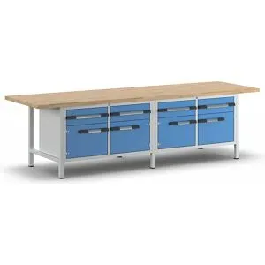 Werkbank, Gestellbauweise Serie 8000, 4 Schubladen 180 mm, 4 Türen 360 mm, BxT 3000 x 900 mm eurokraft pro