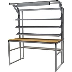workalu® Aluminium-Werkbank mit Systemaufbau, einseitig, 3 Fachböden und Arbeitsplatzleuchte, Plattenbreite 1750 mm bedrunka hirth